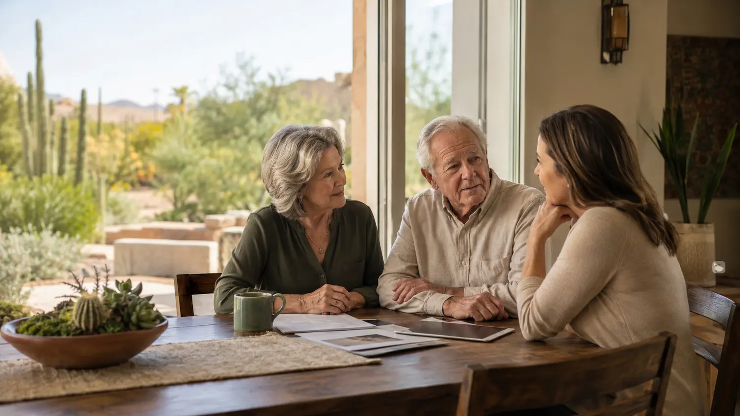 An Arizona family having a calm conversation about senior-care choices