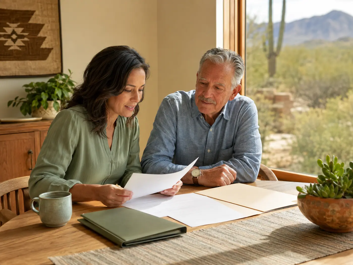 A father and adult daughter organizing senior-care payment information